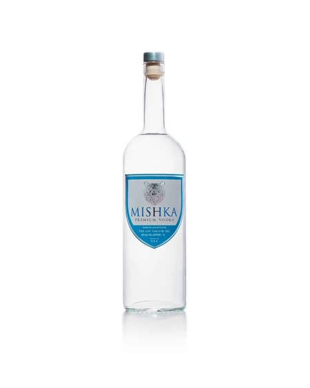 The Mishka Classic bottle, clear spirit behind a blue shield label with a silver bear.