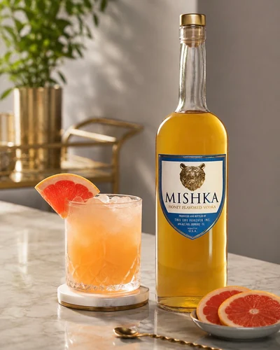 A Mishka Paloma over ice with a grapefruit wheel, beside a bottle of Mishka Honey.