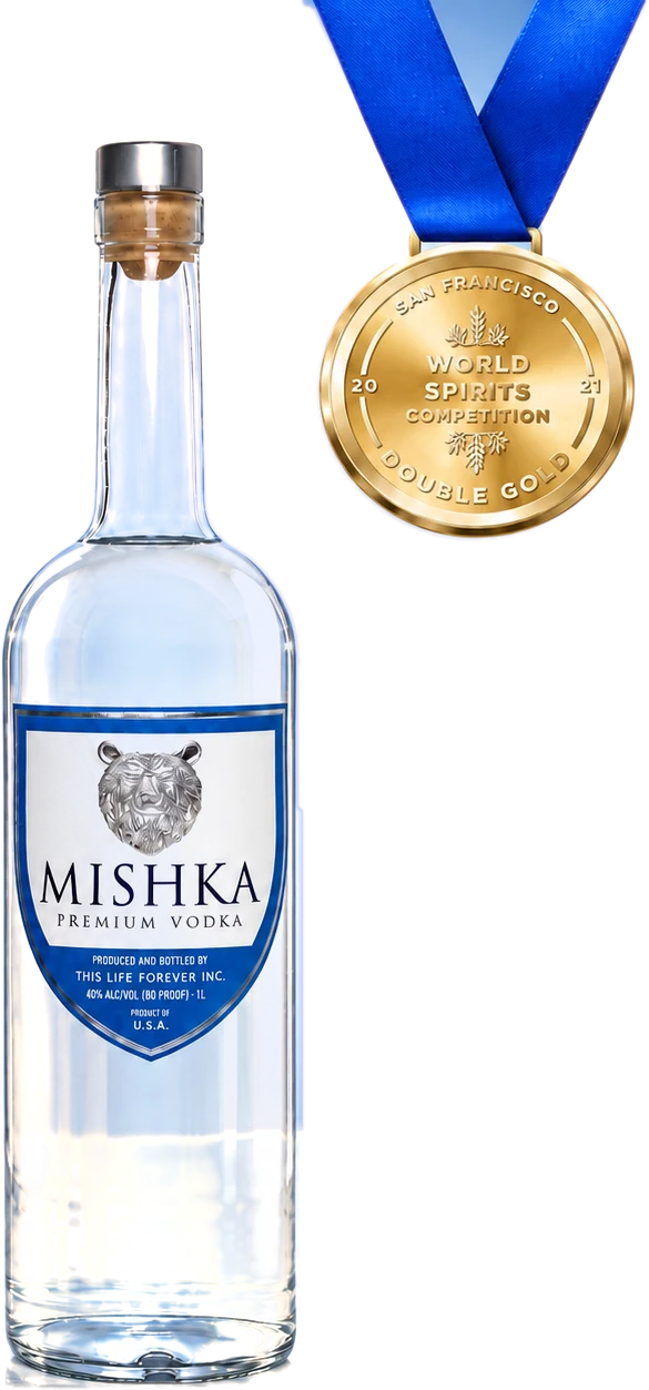 Mishka Classic vodka on marble beside its medal: 2021 Double Gold, San Francisco World Spirits Competition.