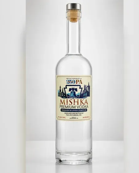 The Mishka PA250 limited edition bottle, clear spirit behind the commemorative label.